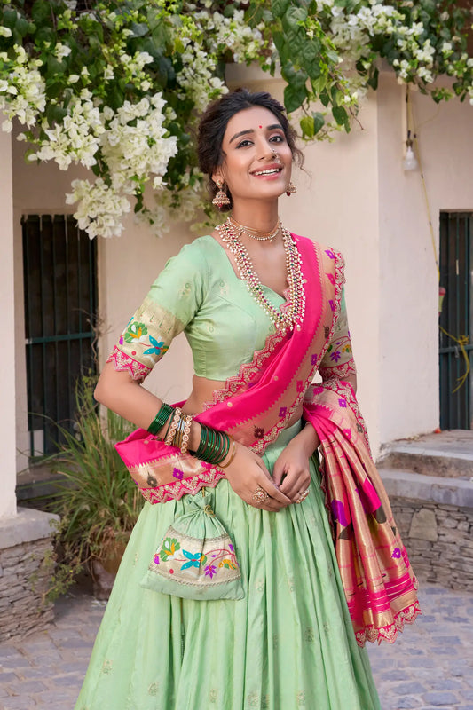 Pista Green Jacquard Silk Paithani Lehenga Choli With Zari Weaving Work & Embroidery Lace Border