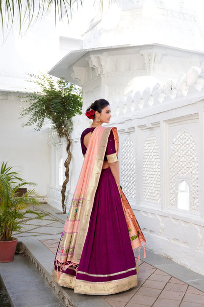 Wine Vichitra Silk Paithani Lehenga Choli With Zari Weaving Work