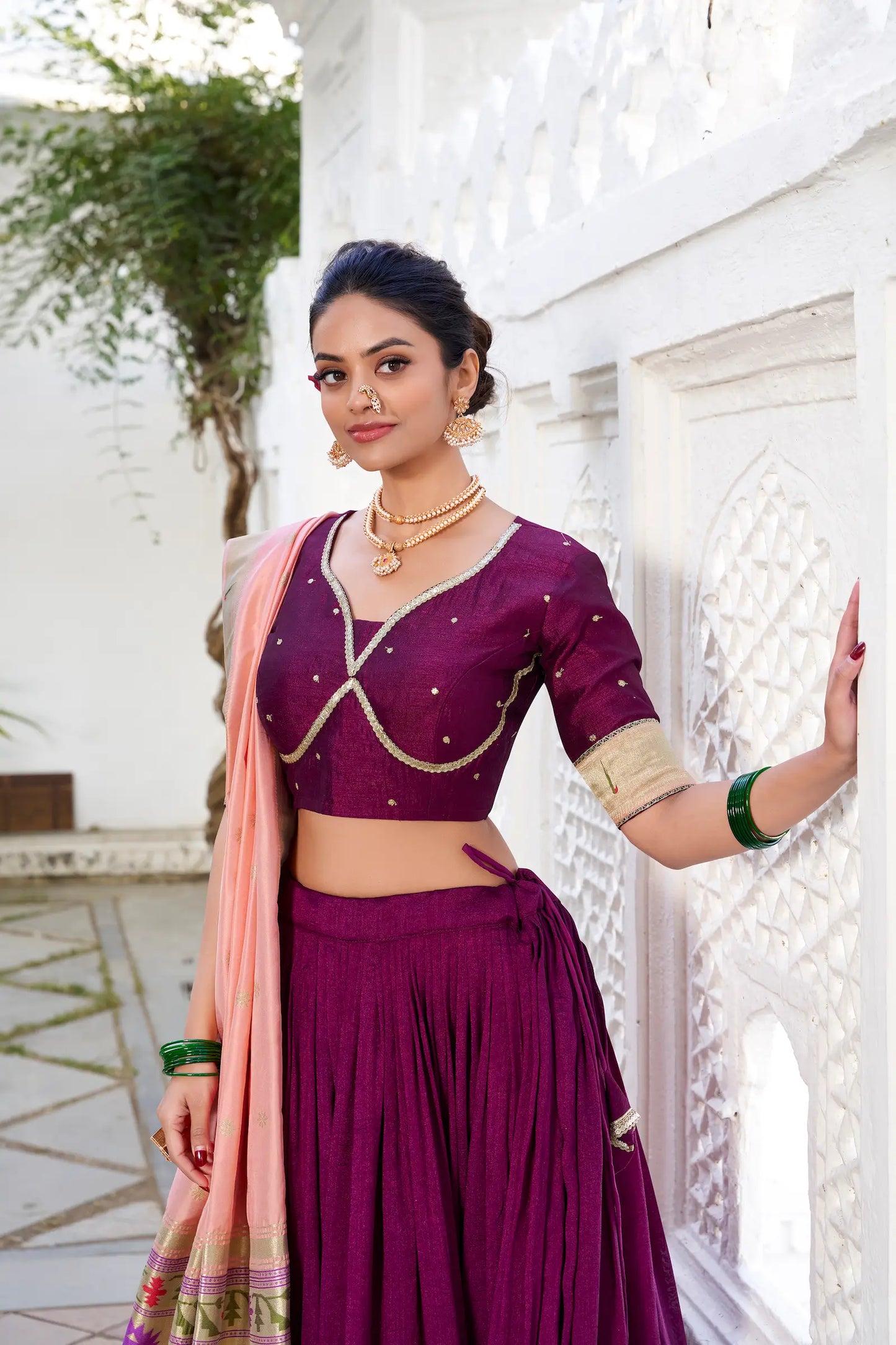 Wine Vichitra Silk Paithani Lehenga Choli With Zari Weaving Work