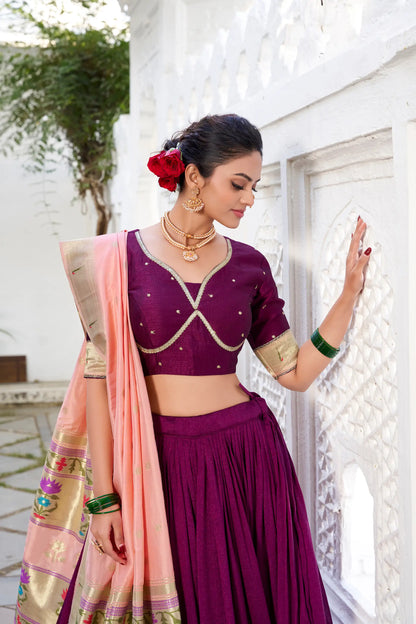 Wine Vichitra Silk Paithani Lehenga Choli With Zari Weaving Work