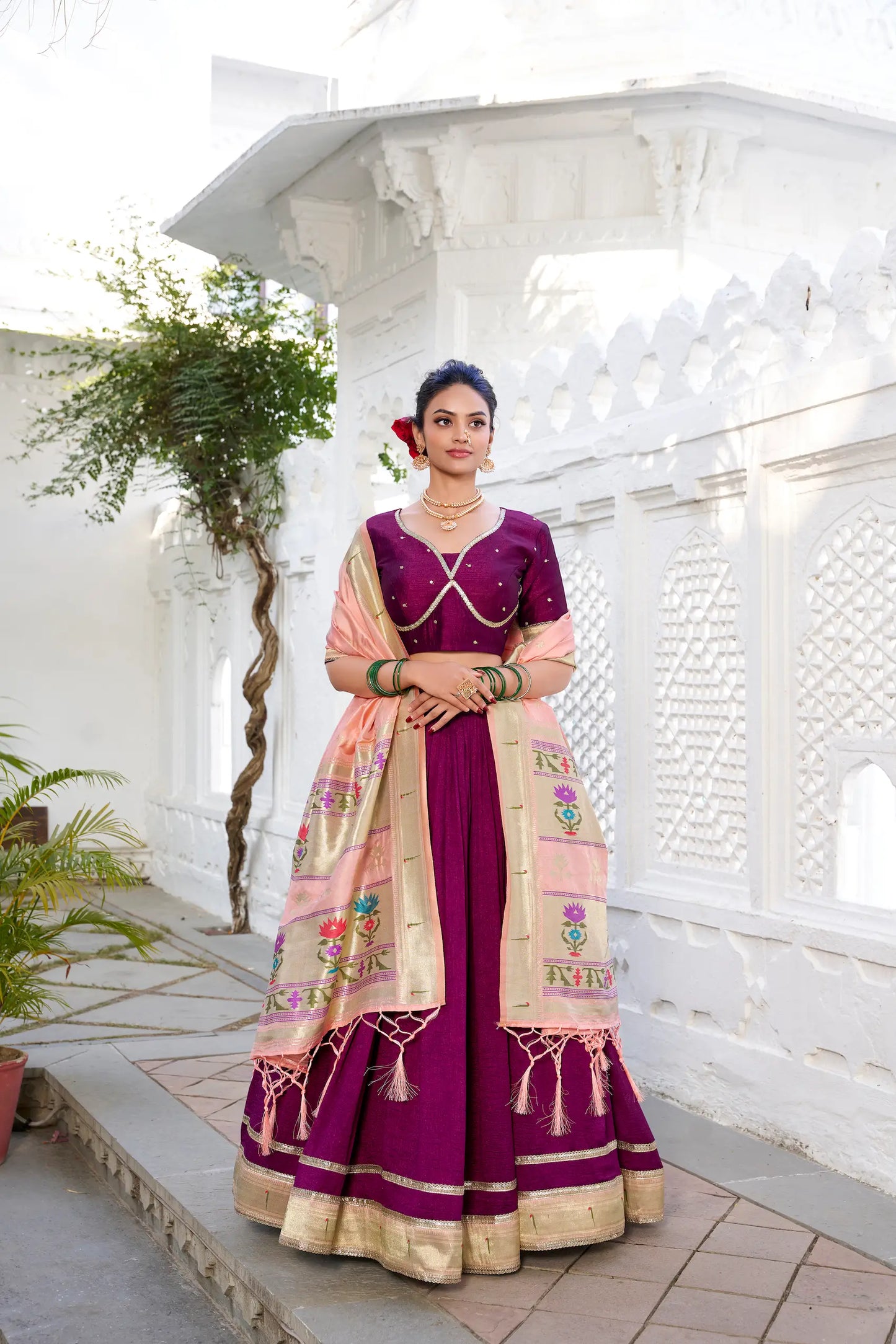 Wine Vichitra Silk Paithani Lehenga Choli With Zari Weaving Work