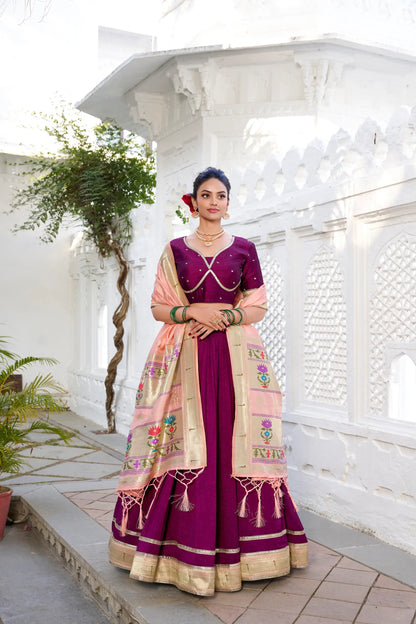 Wine Vichitra Silk Paithani Lehenga Choli With Zari Weaving Work