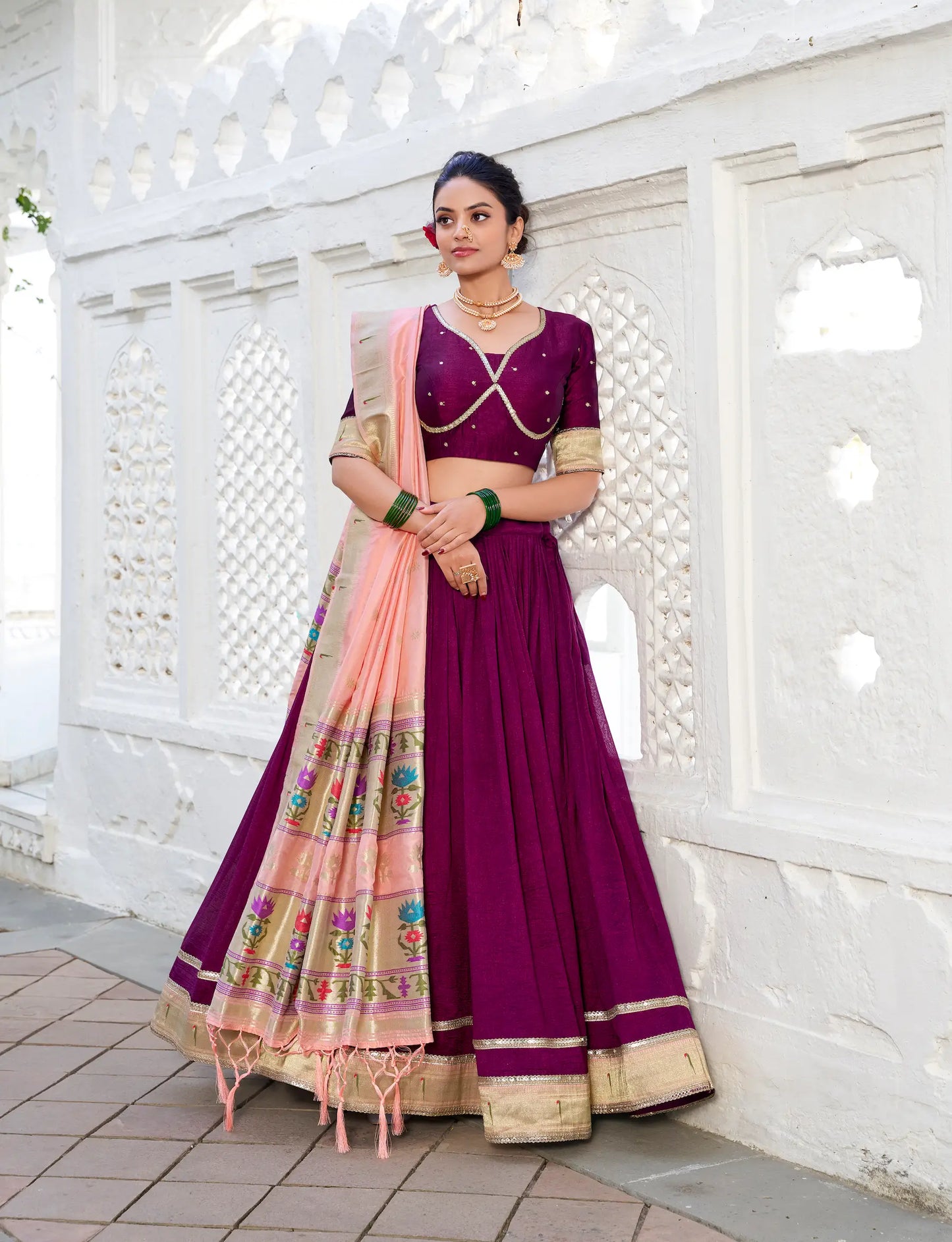 Wine Vichitra Silk Paithani Lehenga Choli With Zari Weaving Work