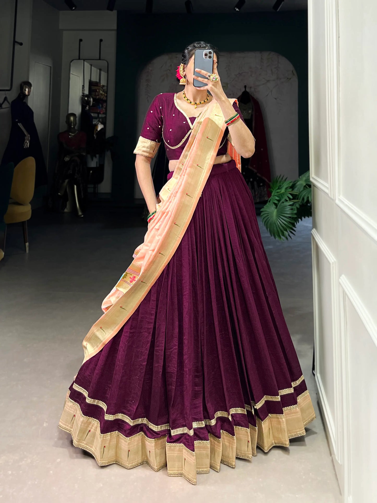 Wine Vichitra Silk Paithani Lehenga Choli With Zari Weaving Work