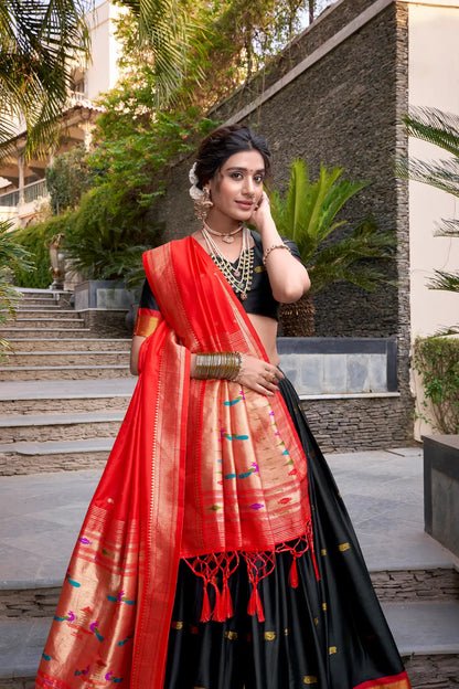 Black Jacquard Silk Paithani Lehenga Choli With Zari Weaving Work