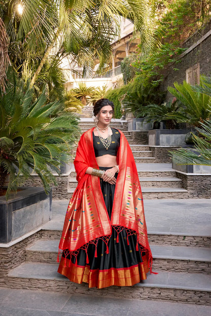 Black Jacquard Silk Paithani Lehenga Choli With Zari Weaving Work