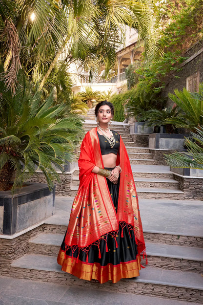 Black Jacquard Silk Paithani Lehenga Choli With Zari Weaving Work