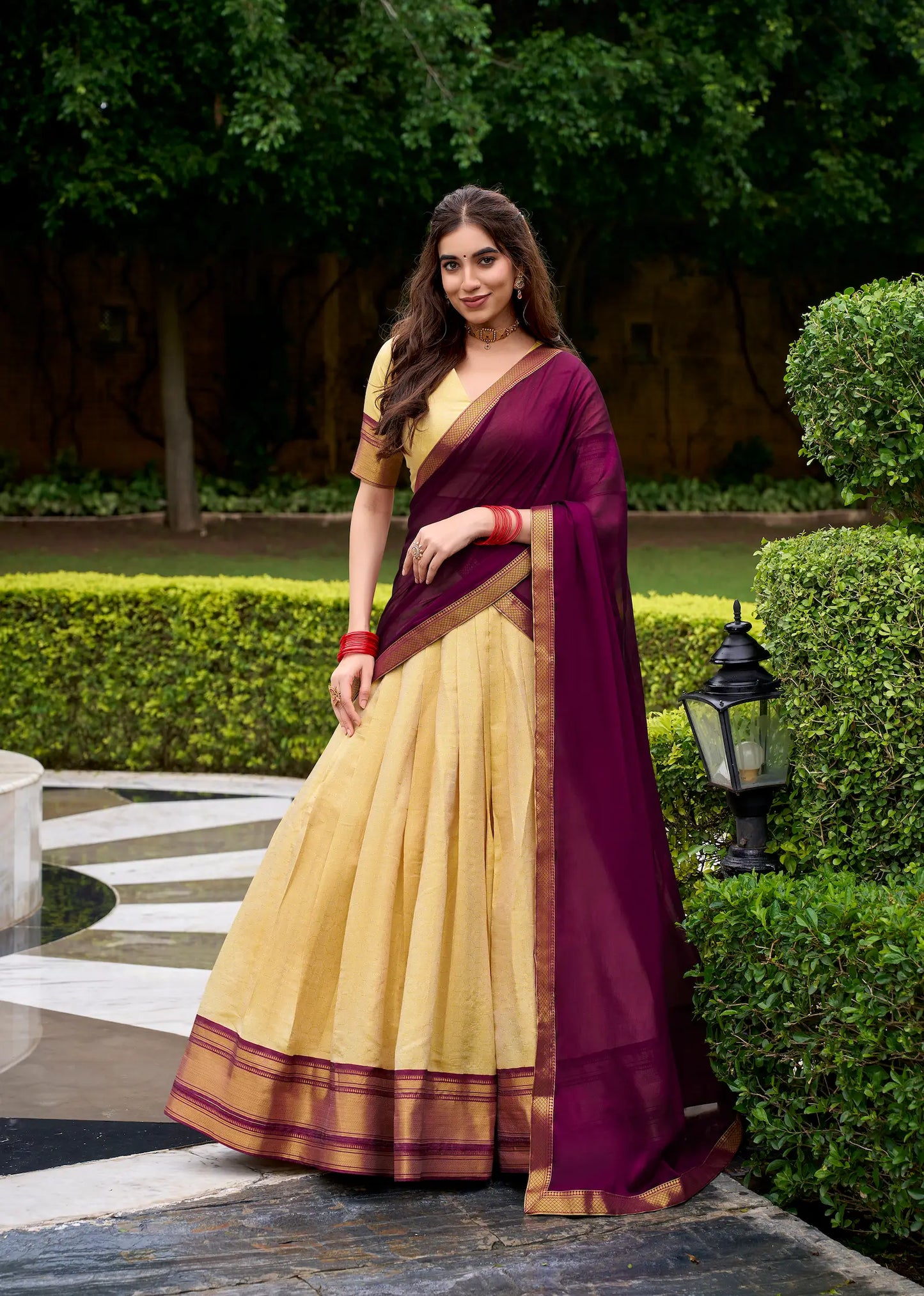 Beige-Wine Zari Weaving  Kanchipuram Lehenga Choli
