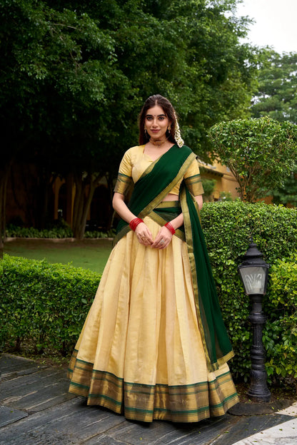 Beige-Green Zari Weaving  Kanchipuram Lehenga Choli
