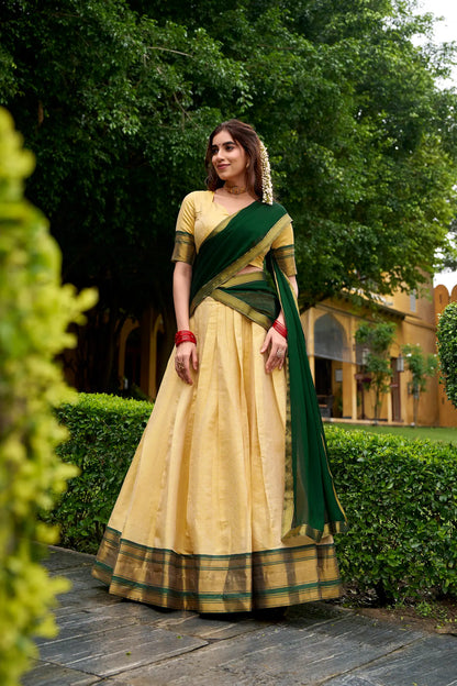 Beige-Green Zari Weaving  Kanchipuram Lehenga Choli