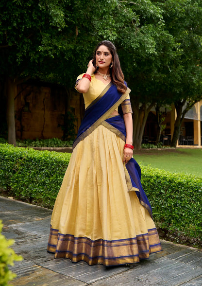 Beige-Navy Blue Zari Weaving  Kanchipuram Lehenga Choli