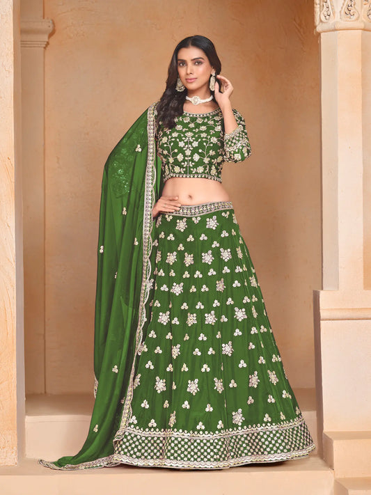 Green organza lehenga choli with thread and sequence embroidery work