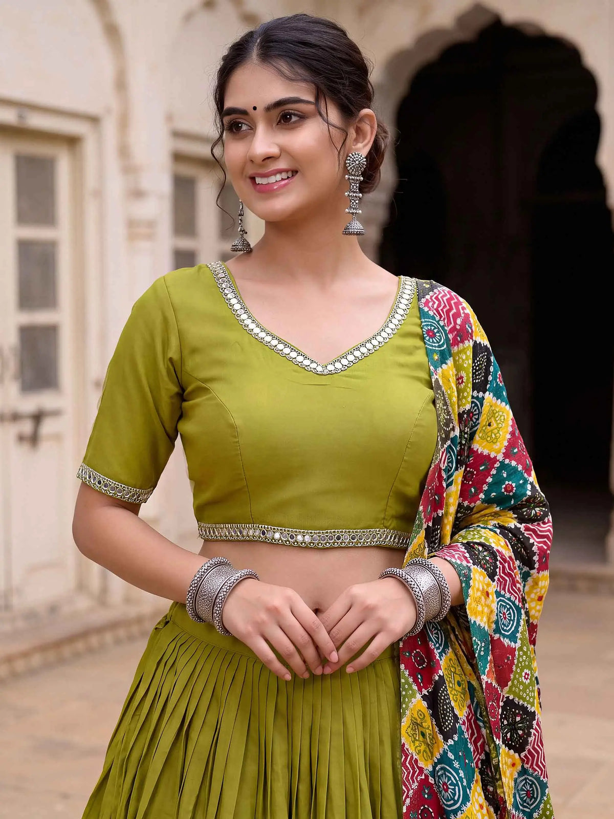 Parrot Mirror Work Navratri Lehenga Choli