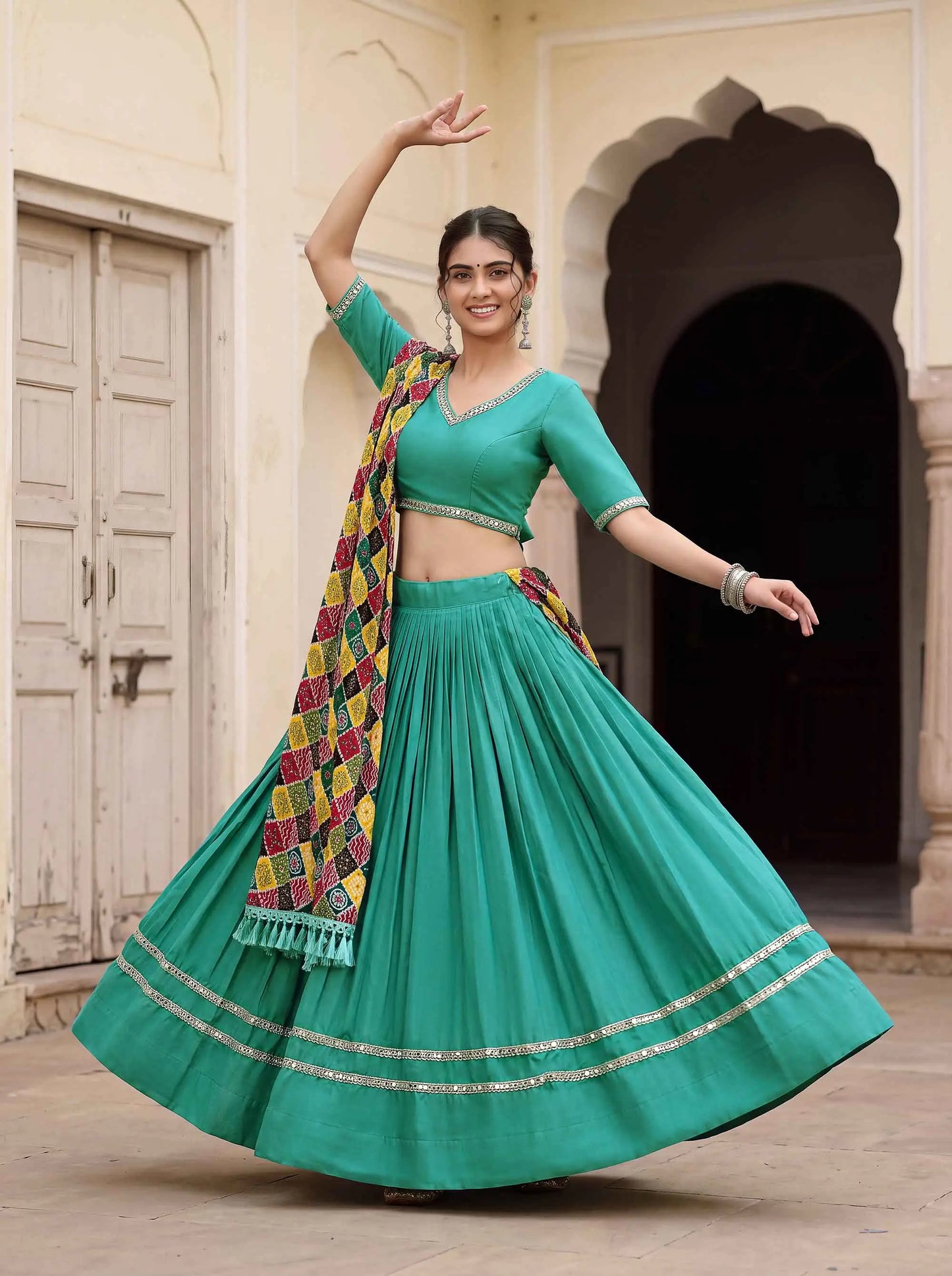 Sea Green Mirror Work Navratri Lehenga Choli