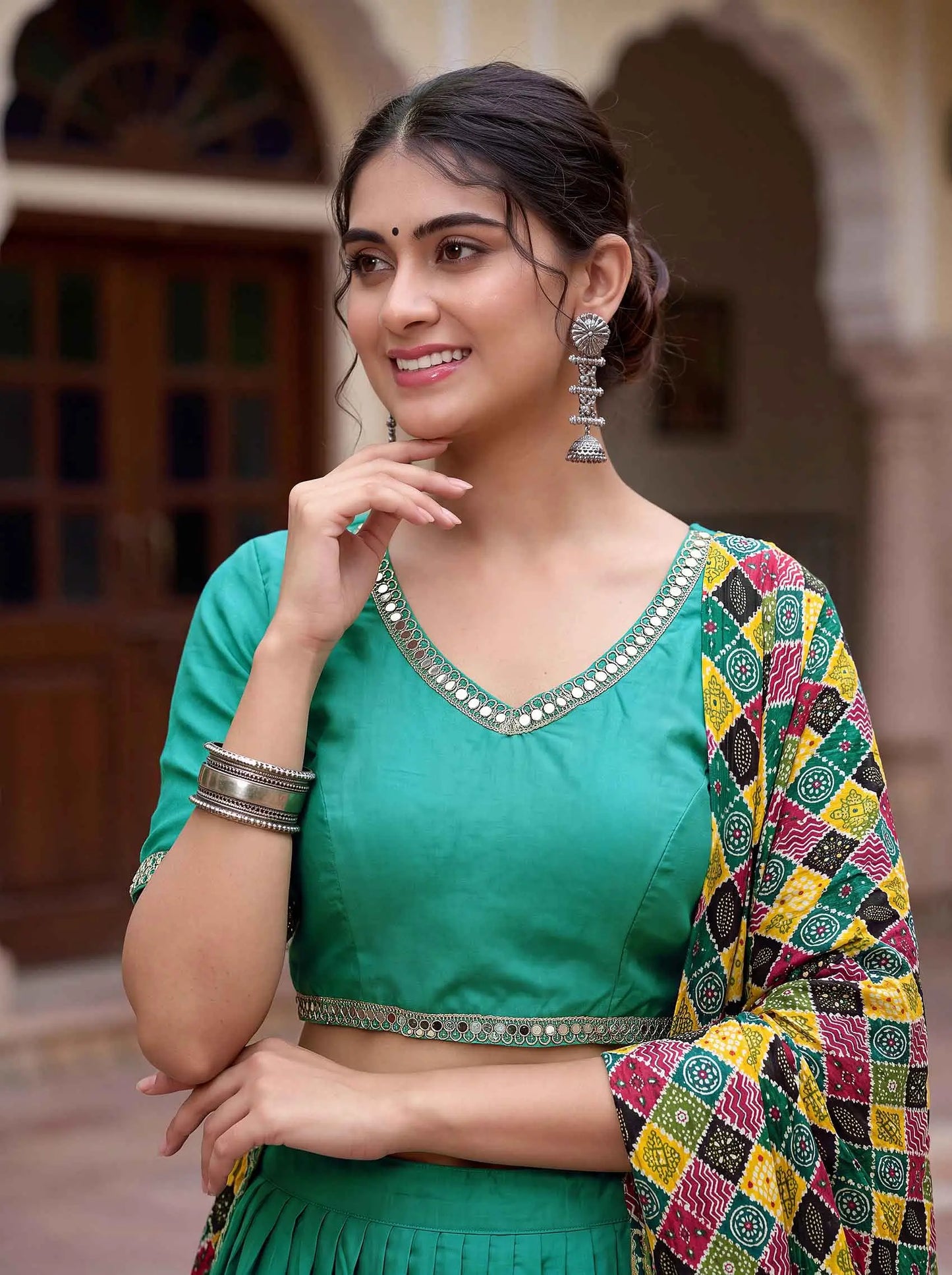 Sea Green Mirror Work Navratri Lehenga Choli