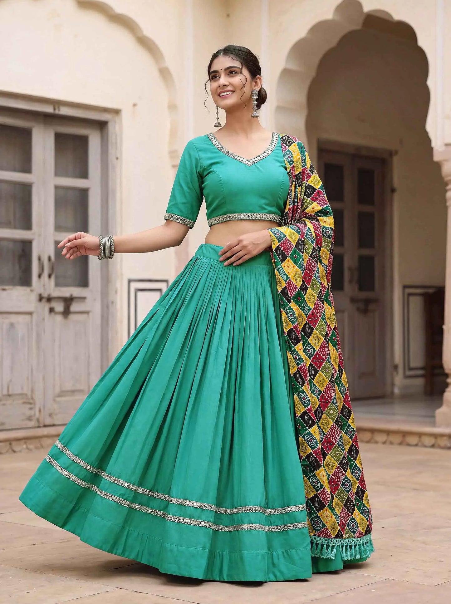 Sea Green Mirror Work Navratri Lehenga Choli