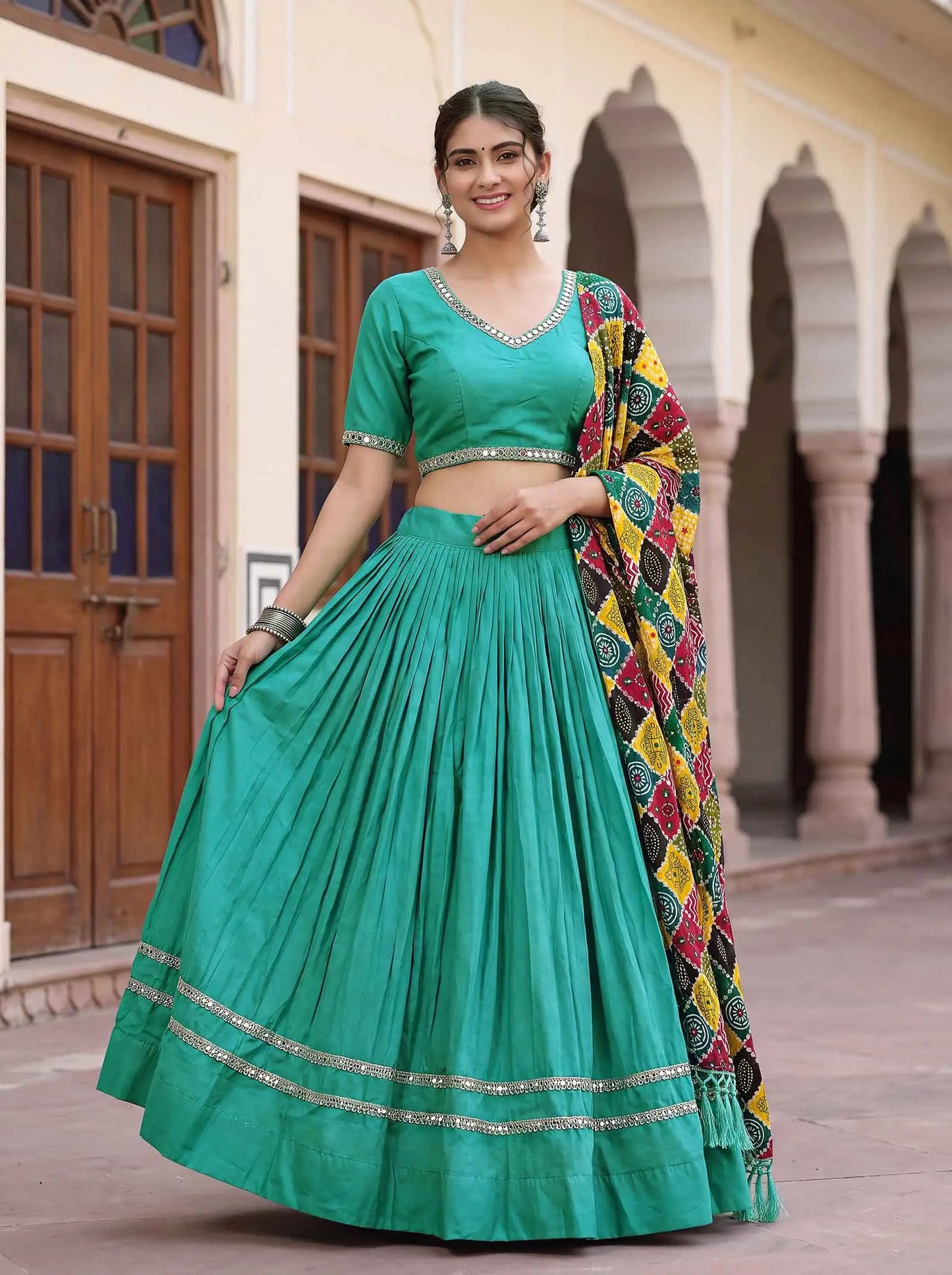 Sea Green Mirror Work Navratri Lehenga Choli