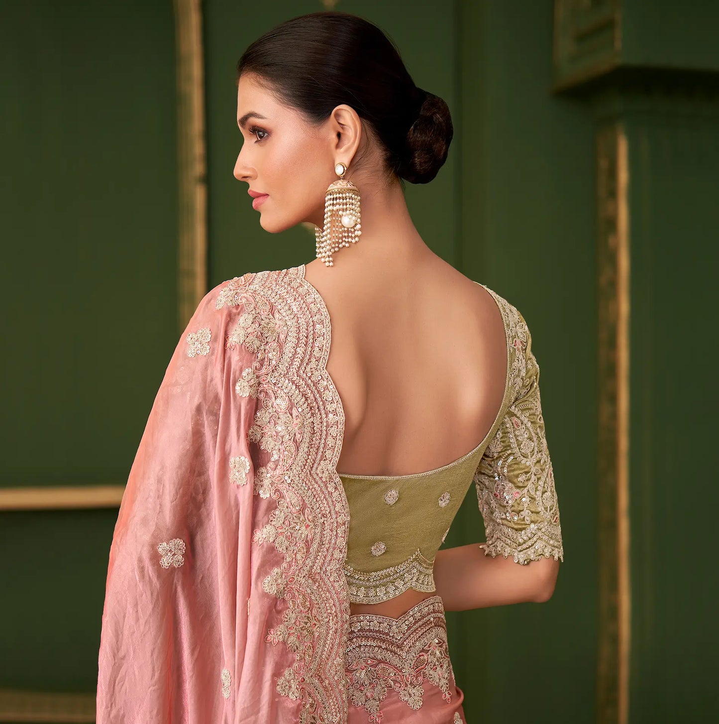 Peach Pink Satin georgette Heavy Embroidery Saree