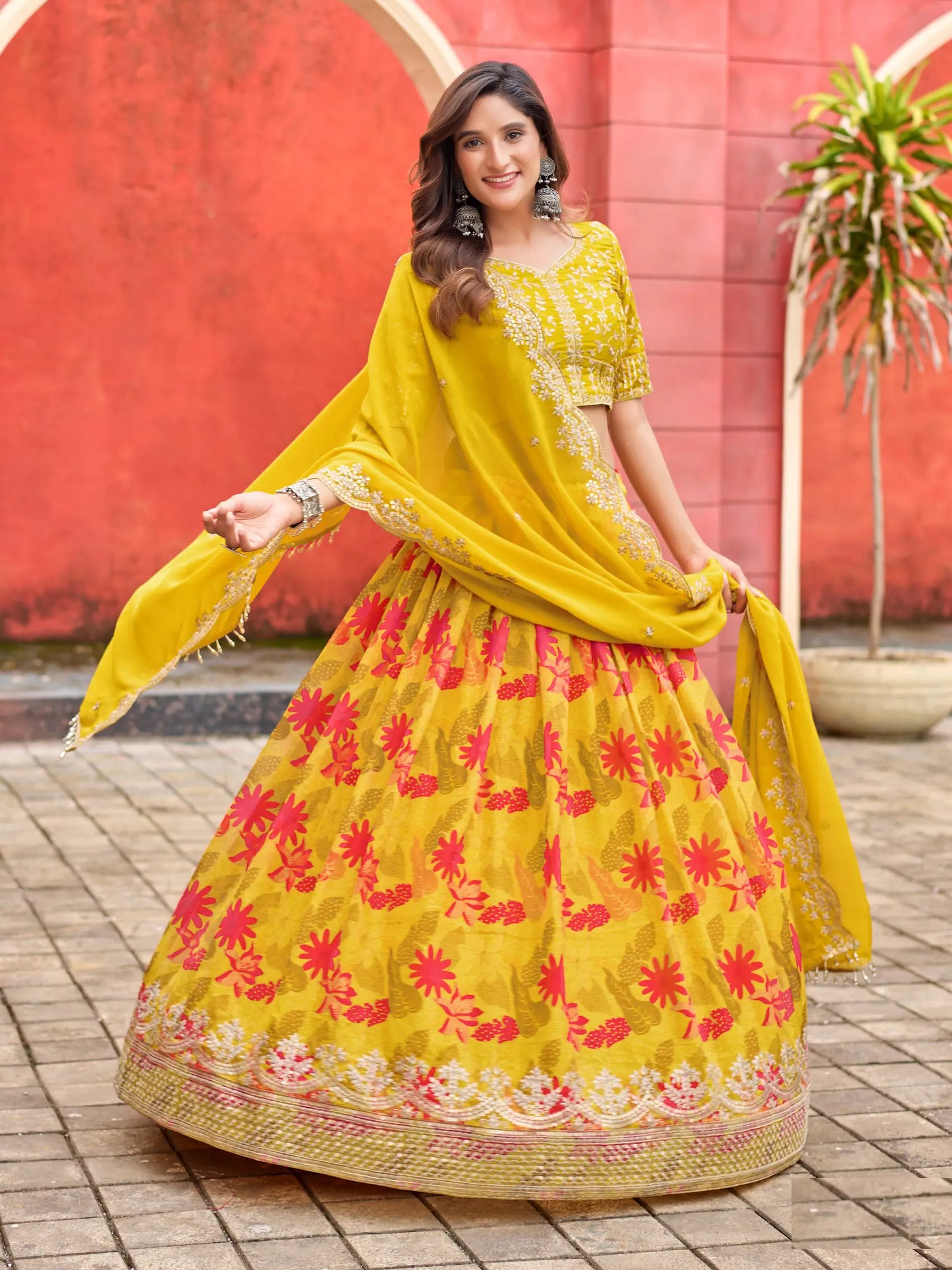 Yellow Taby Silk Floral Print & Embroidery Work Lehenga Choli
