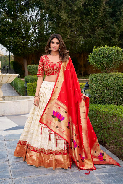 Pearl White Silk Paithani Lehenga Choli