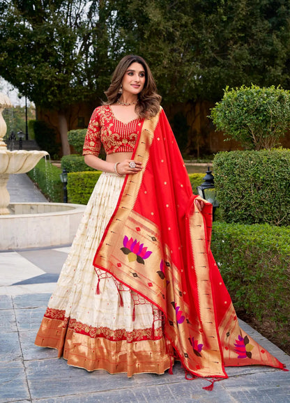 Pearl White Silk Paithani Lehenga Choli