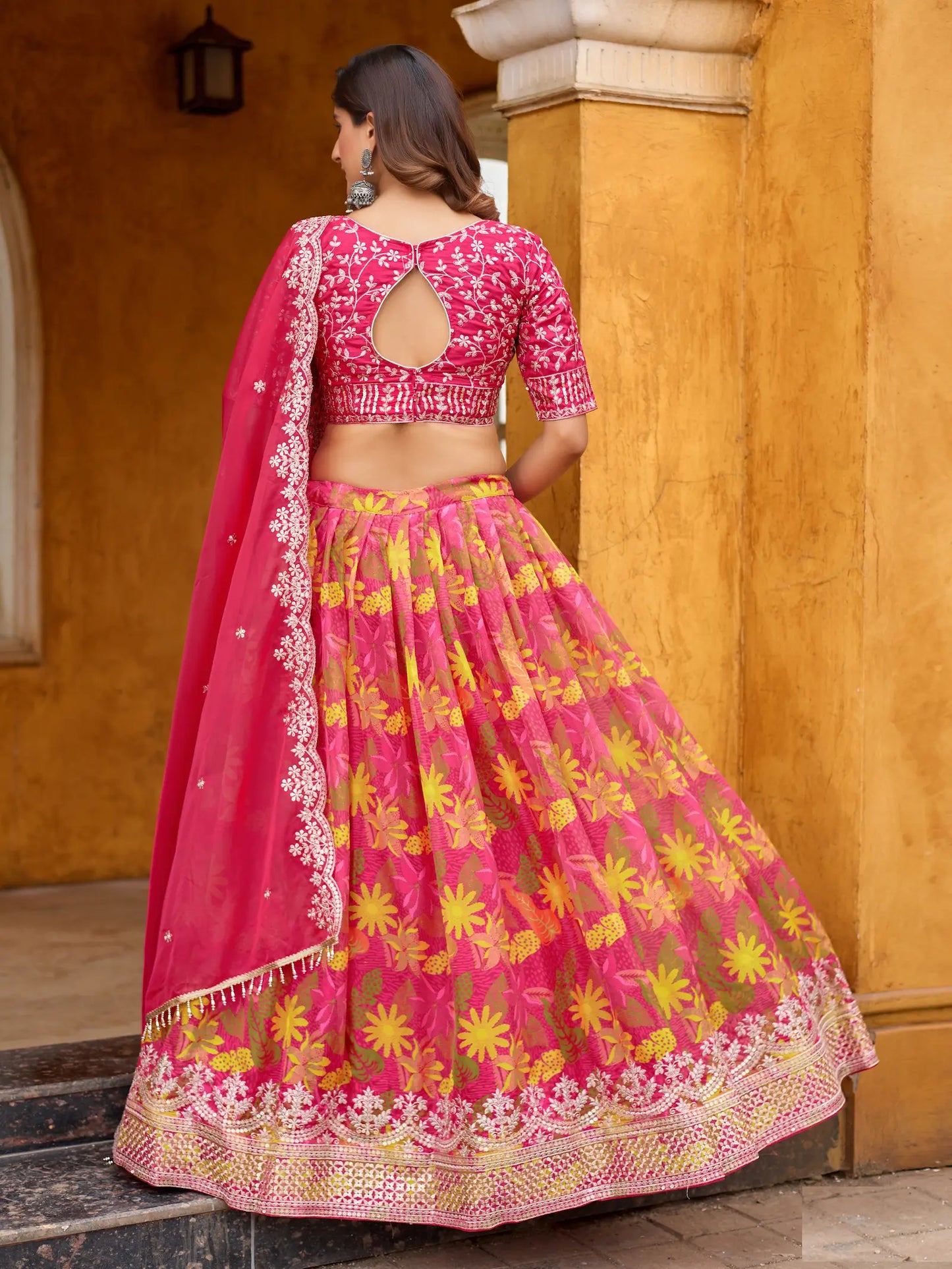 Hot Pink Taby Silk Floral Print & Embroidery Work Lehenga Choli