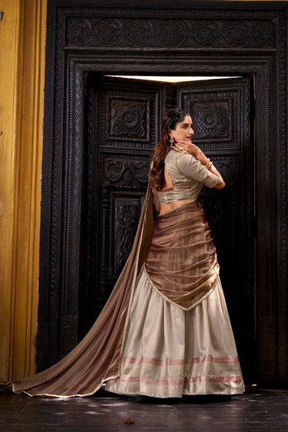 Back view of sand beige dhupian silk zari weaving lehenga choli full look