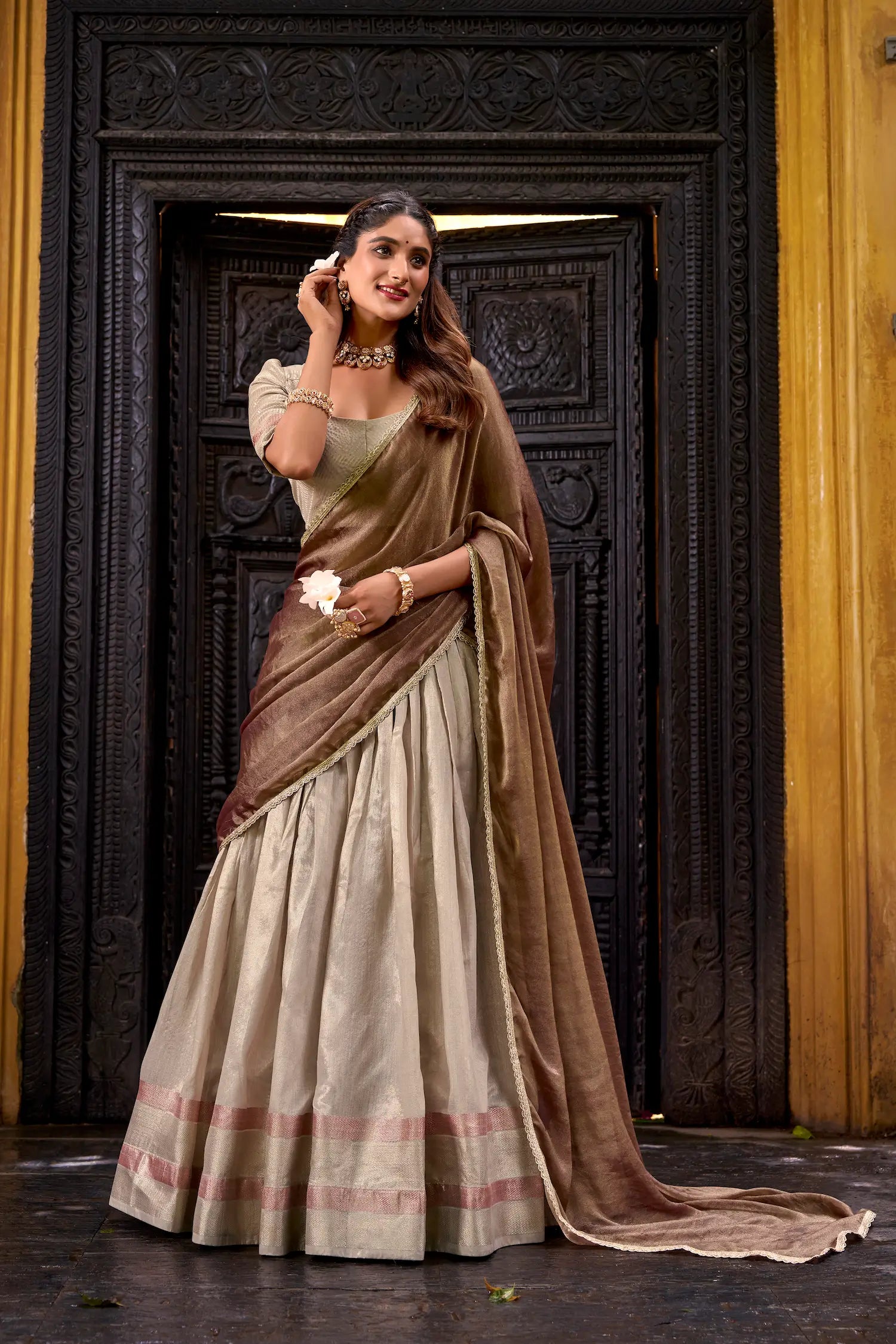 Sand beige dhupian silk lehenga choli full view with dupatta and zari weaving