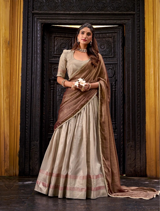 Sand beige dhupian silk zari weaving lehenga choli full view