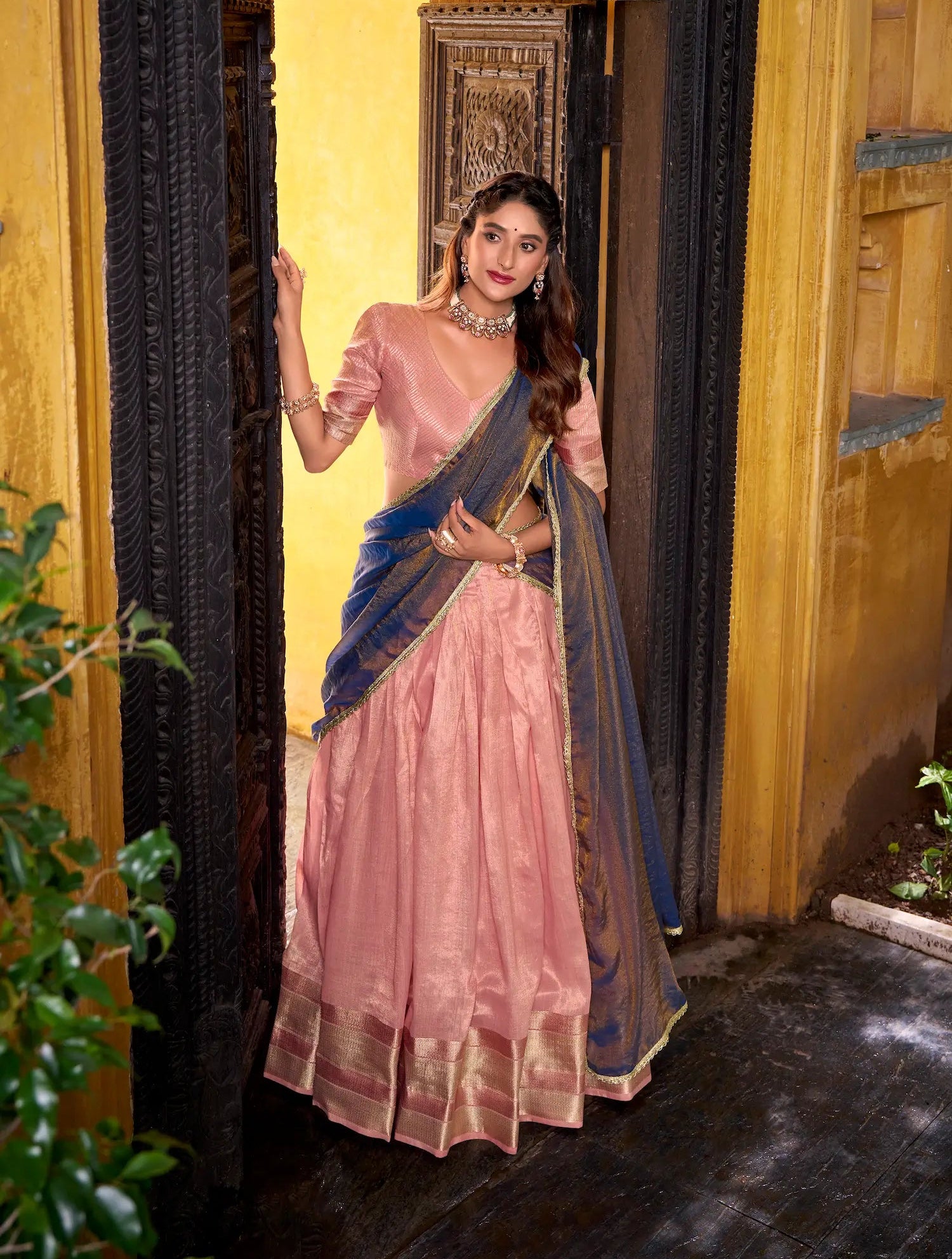 Light pink dhupian silk lehenga choli full view with dupatta and zari weaving
