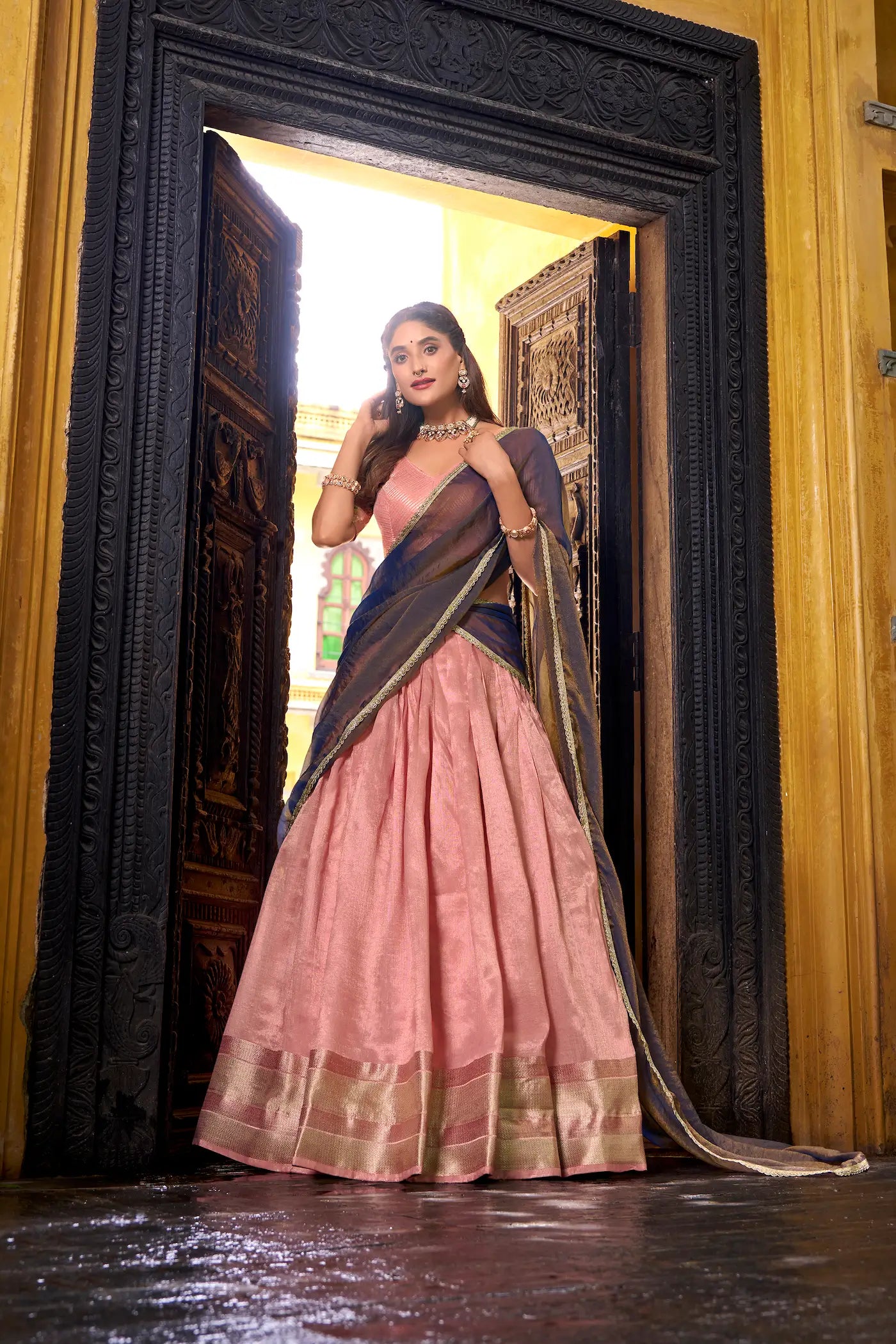 Light pink dhupian silk lehenga choli showing detailed weaving
