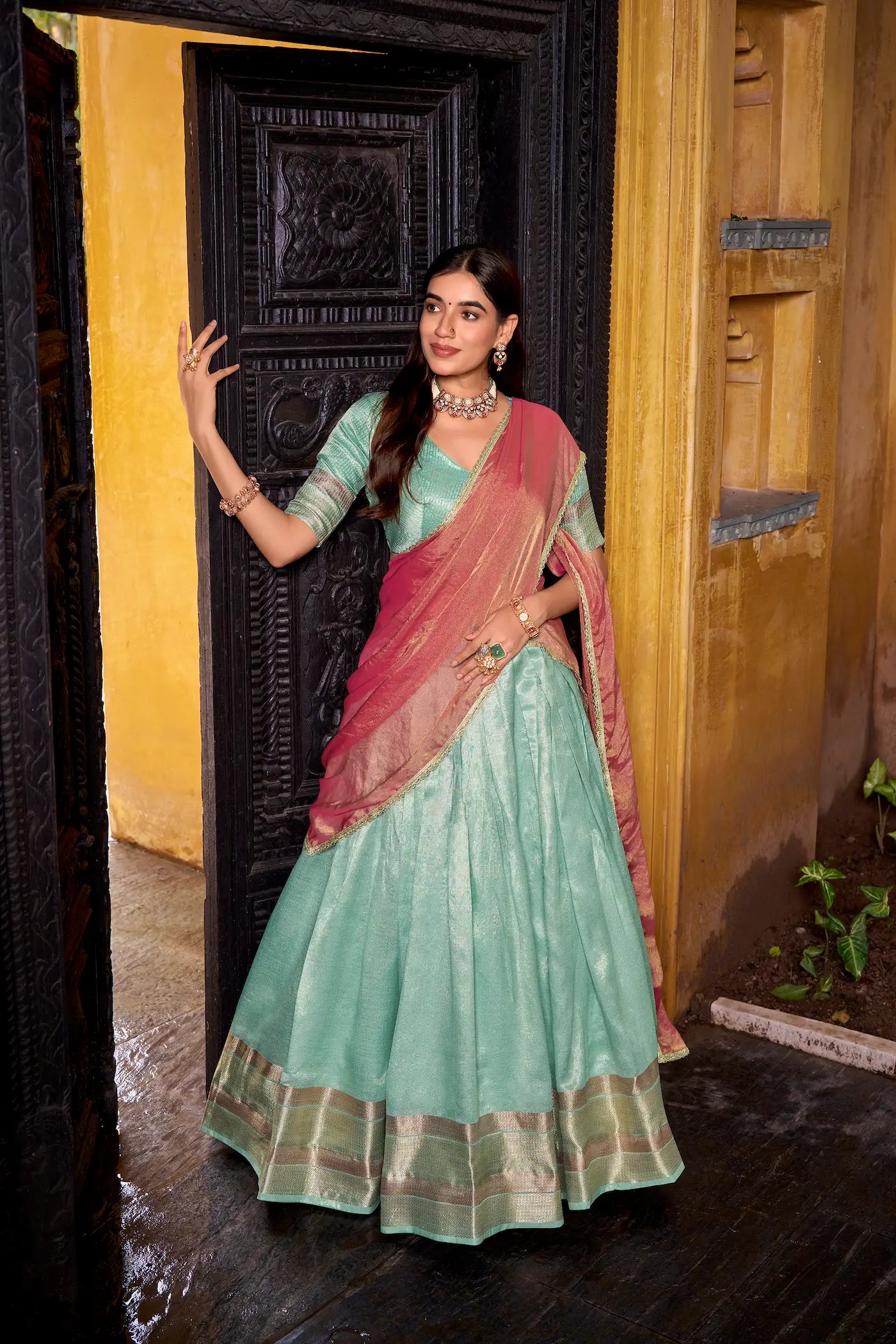 Sea blue dhupian silk lehenga choli full view with dupatta and zari weaving