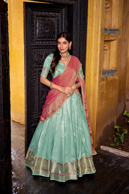 Another full view of sea blue dhupian silk lehenga choli showing detailed weaving