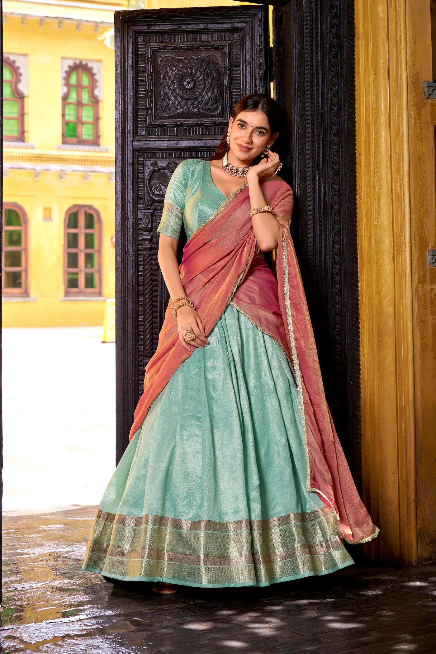 Sea blue dhupian silk zari weaving lehenga choli full view