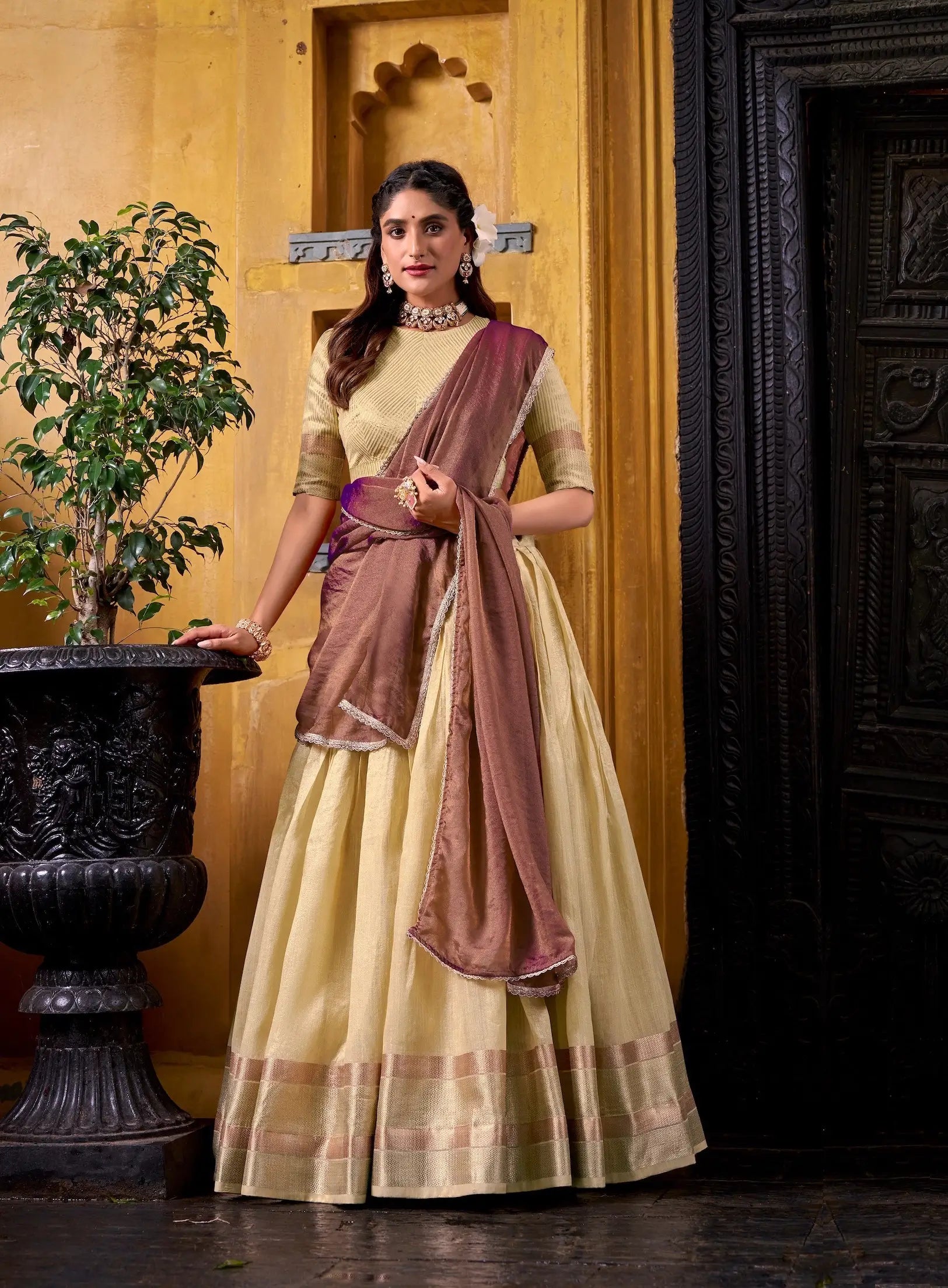 Tan yellow dhupian silk zari weaving lehenga choli full view