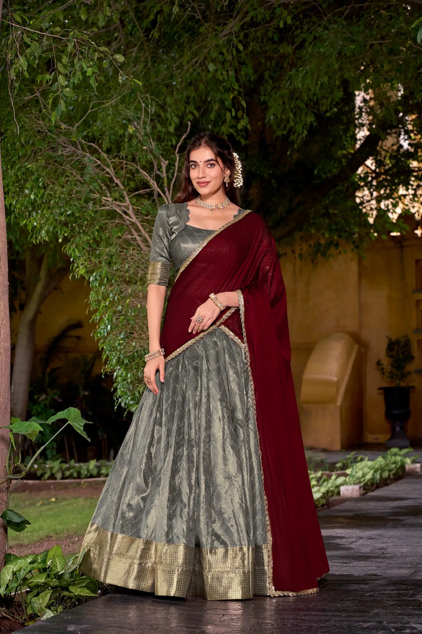 Warm Grey Dhupian Silk Zari Weaving Lehenga Choli