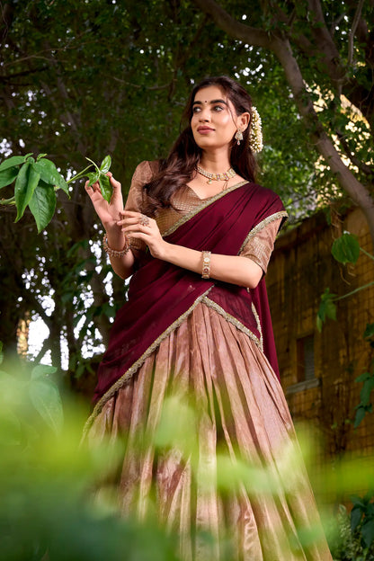 Dusty Peach Dhupian Silk Zari Weaving Lehenga Choli