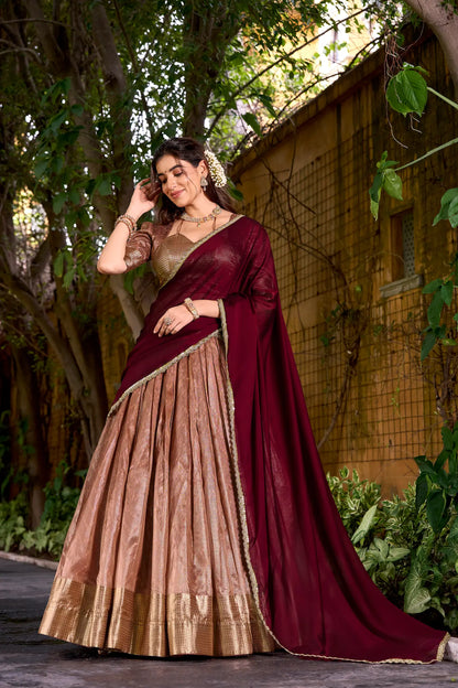 Dusty Peach Dhupian Silk Zari Weaving Lehenga Choli