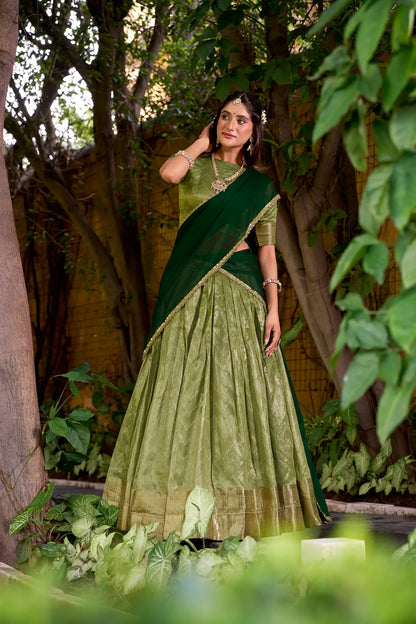 Pista Green Dhupian Silk Zari Weaving Lehenga Choli