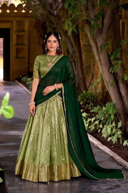 Pista Green Dhupian Silk Zari Weaving Lehenga Choli