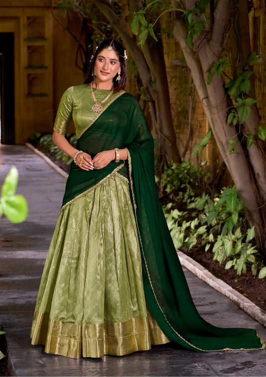 Pista Green Dhupian Silk Zari Weaving Lehenga Choli