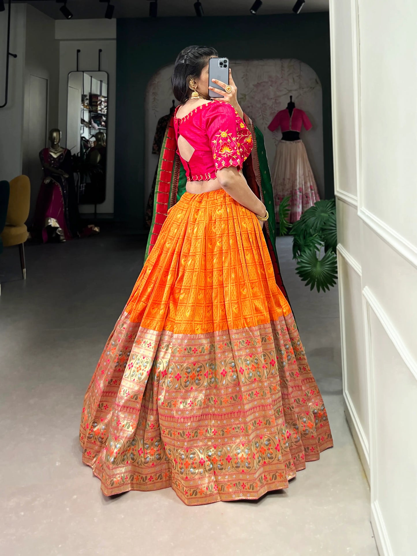 Orange Jacquard Silk Paithani Lehenga Choli With Zari Weaving Work