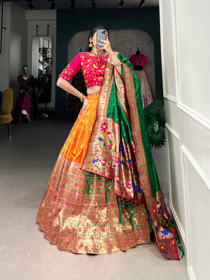 Orange Jacquard Silk Paithani Lehenga Choli With Zari Weaving Work