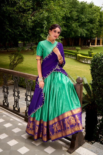 Teal Green Polly Cotton Zari Weaving Lehenga Choli