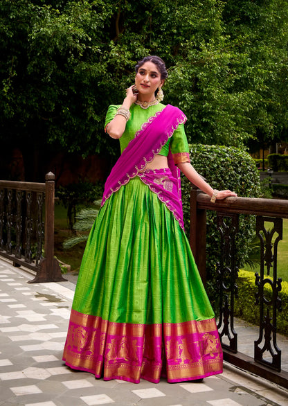 Parrot Green Polly Cotton Zari Weaving Lehenga Choli