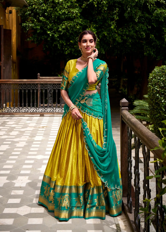 Burnt Yellow Polly Cotton Zari Weaving Lehenga Choli
