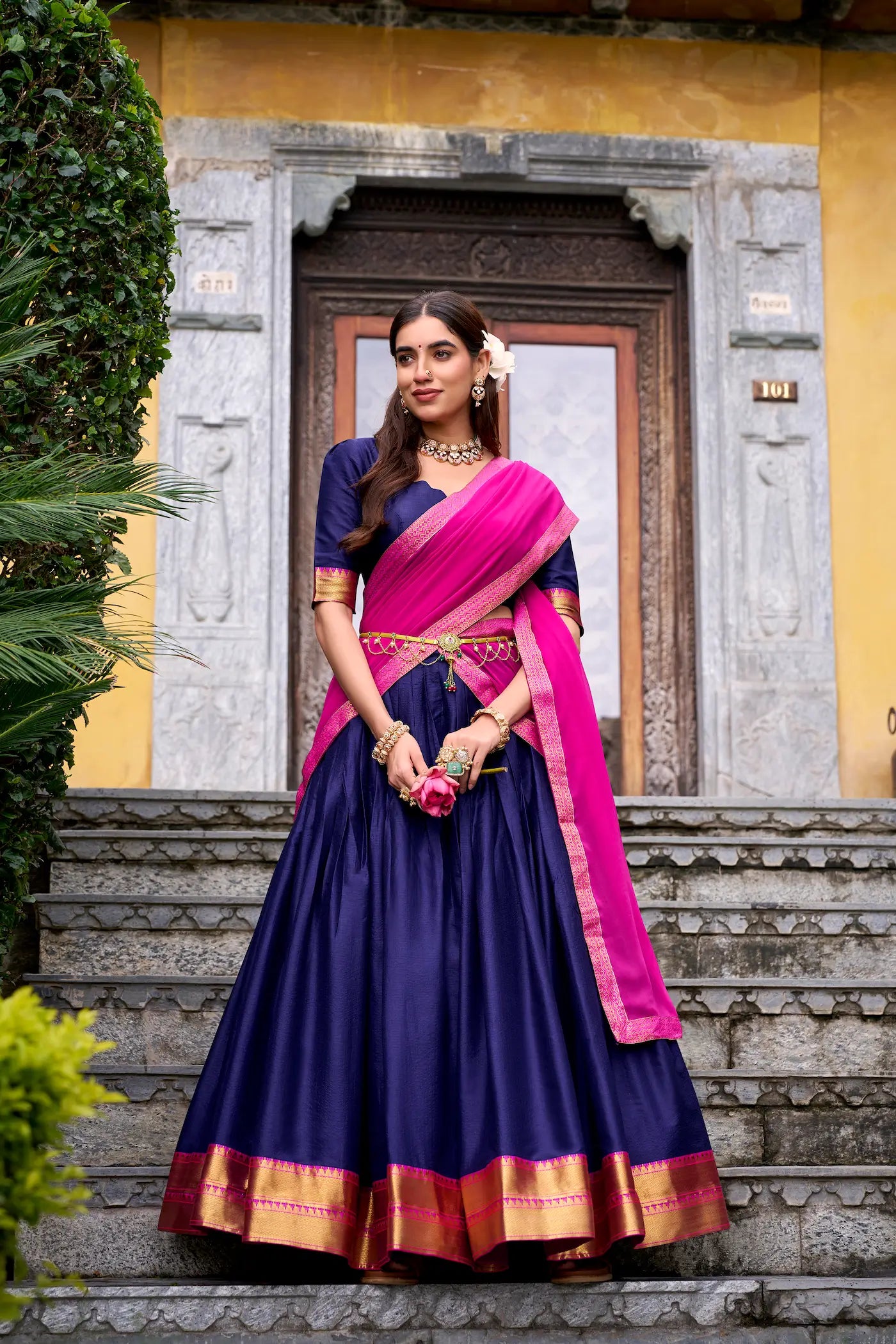 Navy Blue Poly Cotton Zari Weaving Lehenga Choli