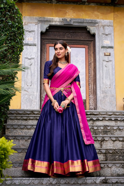 Navy Blue Poly Cotton Zari Weaving Lehenga Choli