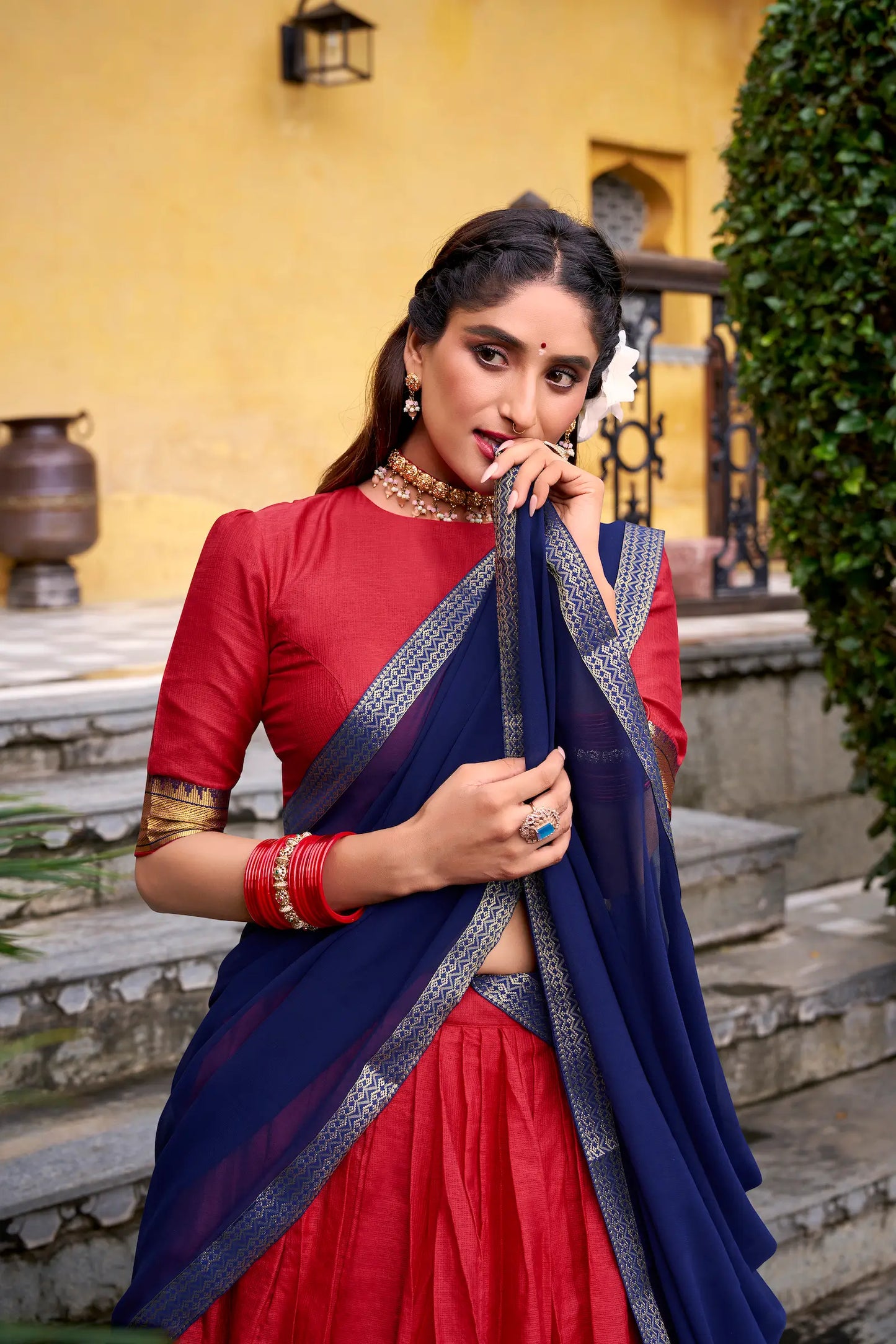 Bright Red Poly Cotton Zari Weaving Lehenga Choli