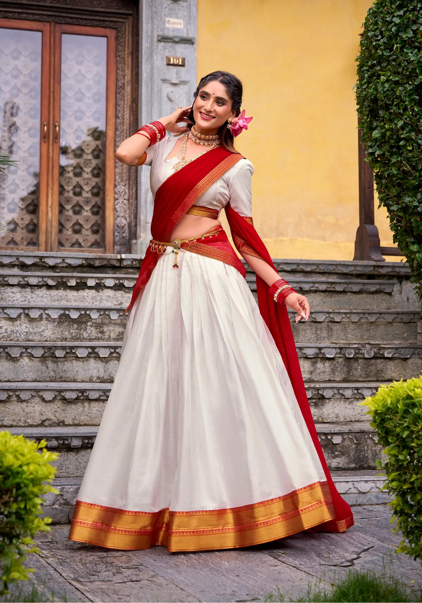 Pearl White Poly Cotton Zari Weaving Lehenga Choli